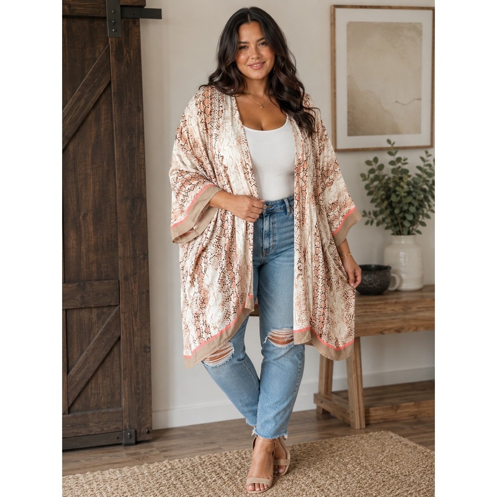 Neutral Snakeskin Print Open Front Kimono Wrap XXL-XXXL Animal Print Bohemian - Picture 2 of 10